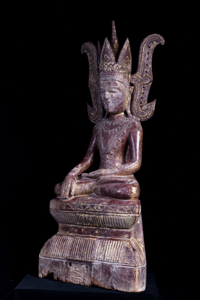 Extremely Rare 18C Wood Crowned Shan Burma Buddha #A090